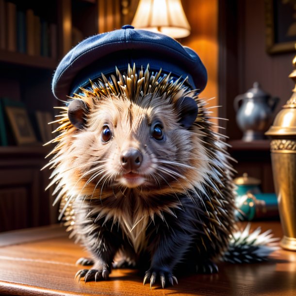 Photo of a porcupine in a cap in the house