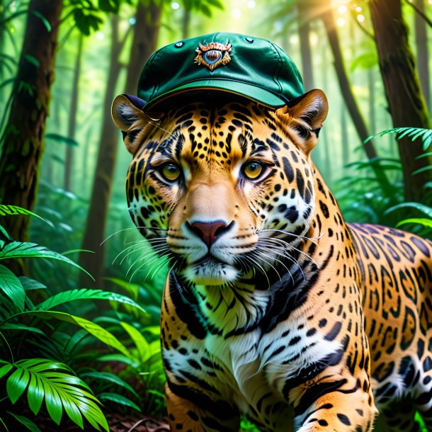 Imagen de un jaguar en una gorra en el bosque