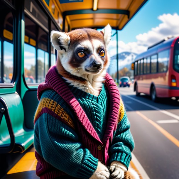 Picture of a lemur in a sweater on the bus stop