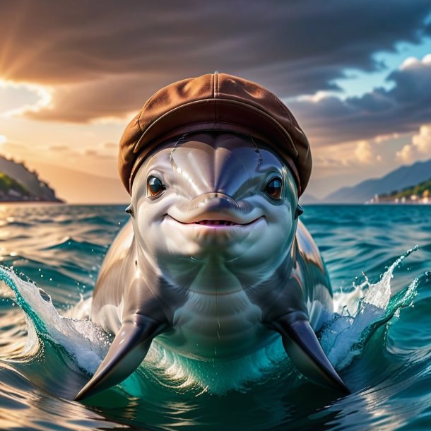 Photo of a dolphin in a brown cap