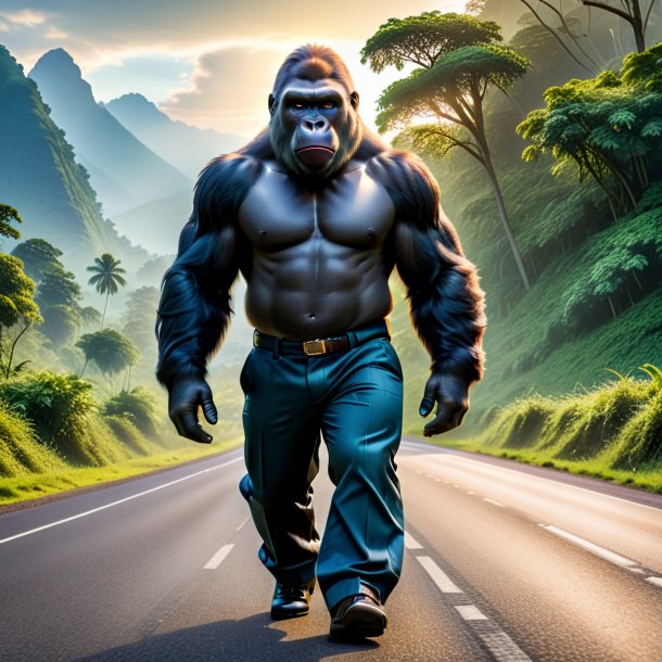 Photo of a gorilla in a trousers on the road