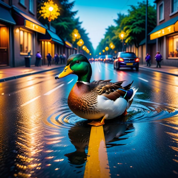 Image of a swimming of a duck on the road