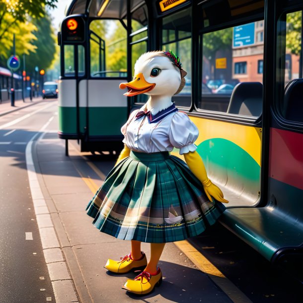 Foto de um pato em uma saia no ponto de ônibus