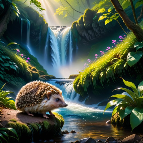 Image of a waiting of a hedgehog in the waterfall