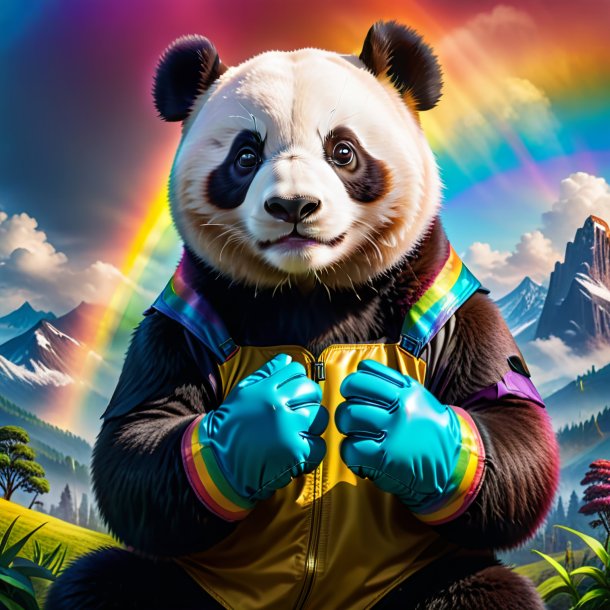 Picture of a giant panda in a gloves on the rainbow