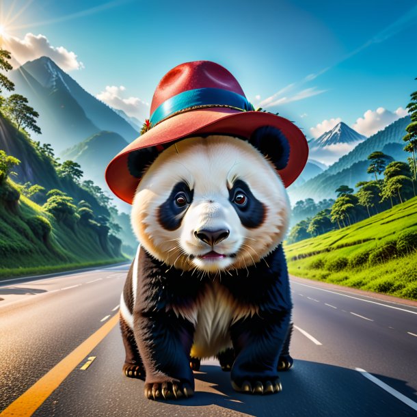 Pic of a giant panda in a hat on the road