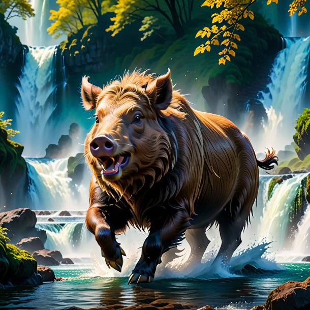 Image of a dancing of a boar in the waterfall