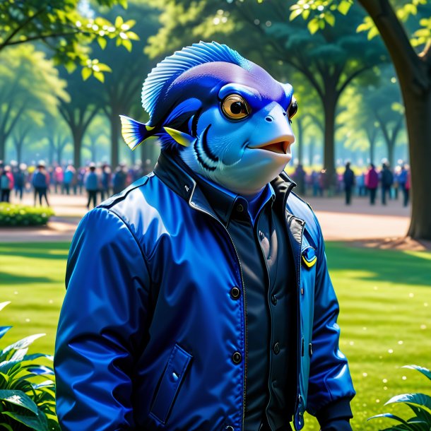 Photo of a blue tang in a jacket in the park