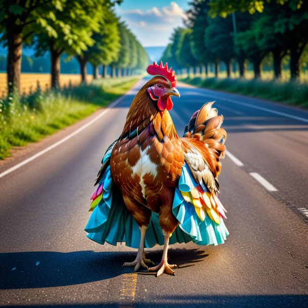 Foto de uma galinha em um vestido na estrada