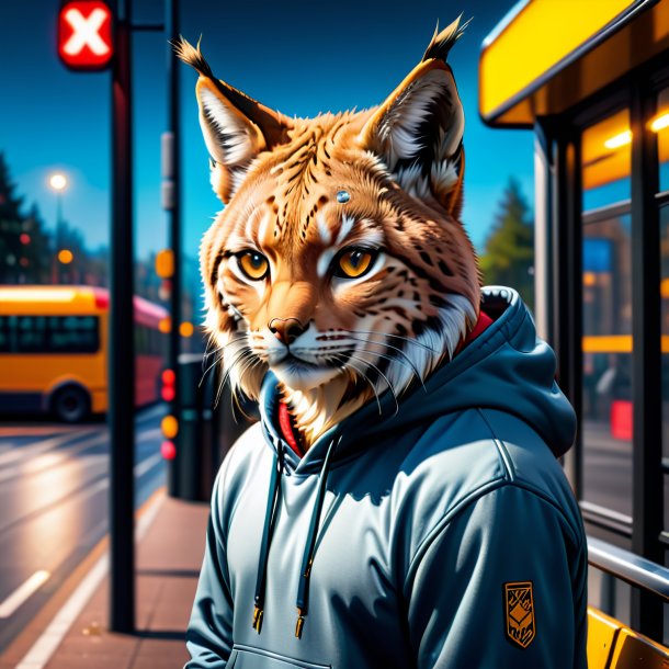 Picture of a lynx in a hoodie on the bus stop