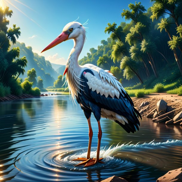 Illustration d'une cigogne dans un jean dans la rivière