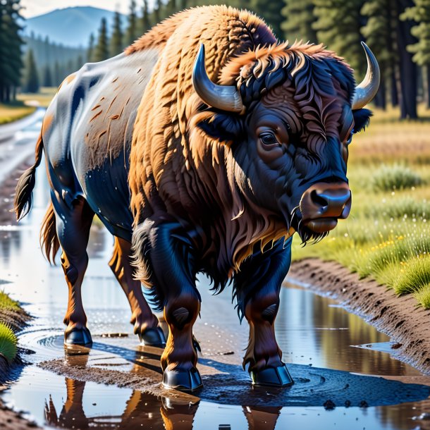 Image d'un bison dans un jean dans la flaque