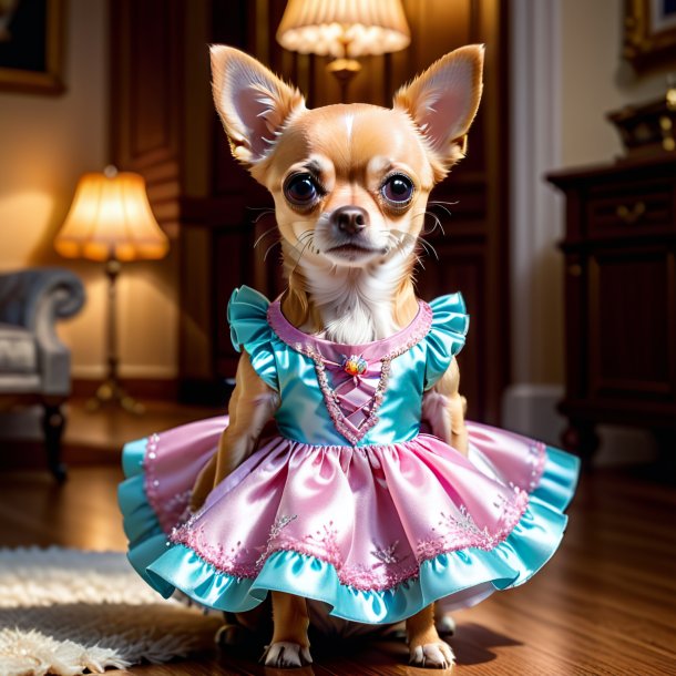 Photo of a chihuahua in a dress in the house