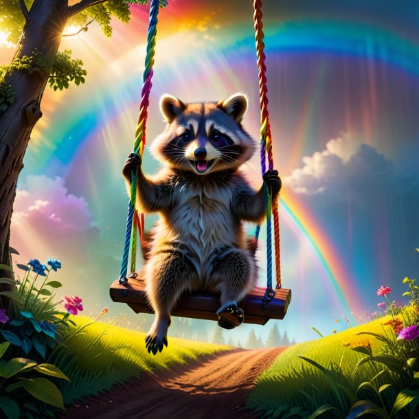 Photo of a swinging on a swing of a raccoon on the rainbow