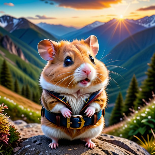 Pic of a hamster in a belt in the mountains