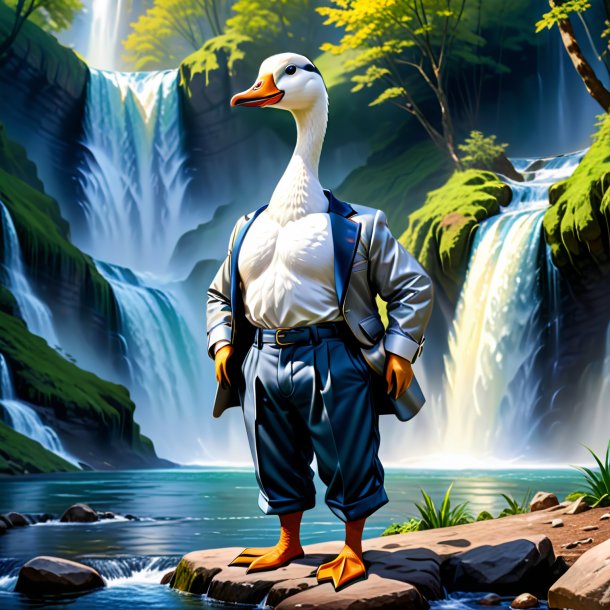 Drawing of a goose in a trousers in the waterfall