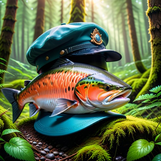 Imagen de un salmón en una gorra en el bosque