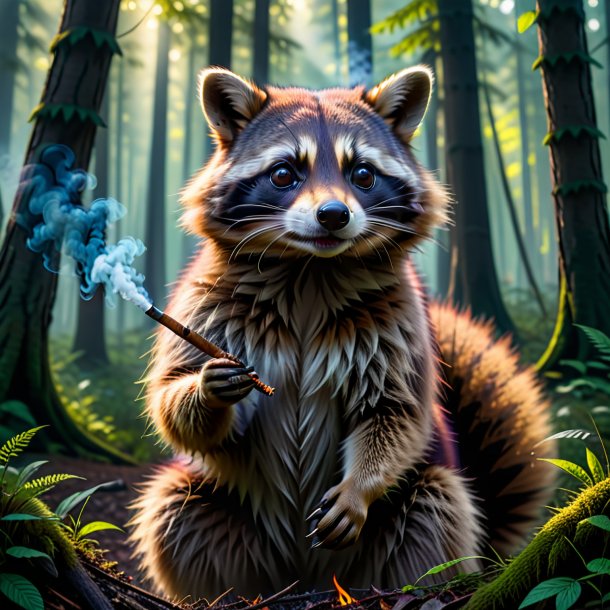 Pic of a smoking of a raccoon in the forest