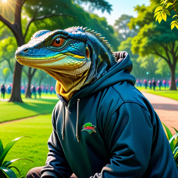 Desenho de um lagarto monitor em um hoodie no parque