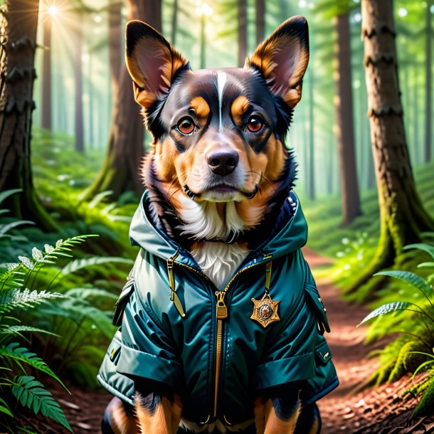 Photo of a dog in a jacket in the forest