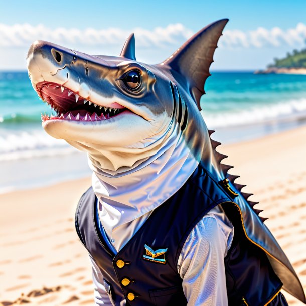 Pic d'un requin à tête de marteau dans un gilet sur la plage