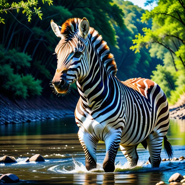 Foto de uma zebra em um casaco no rio