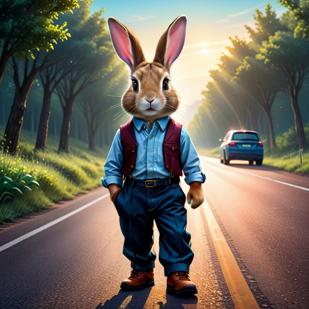 Illustration of a rabbit in a trousers on the road