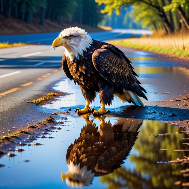 Image of a waiting of a eagle in the puddle