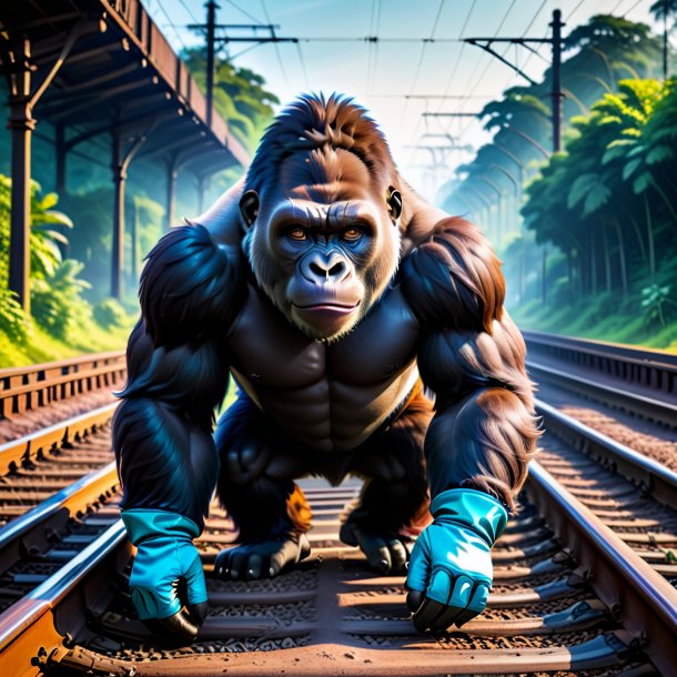 Photo of a gorilla in a gloves on the railway tracks