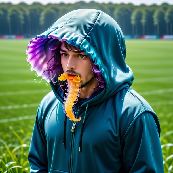 Imagem de uma água-viva em um hoodie no campo