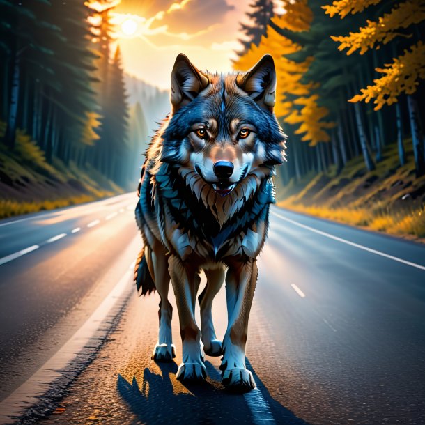 Pic of a threatening of a wolf on the road