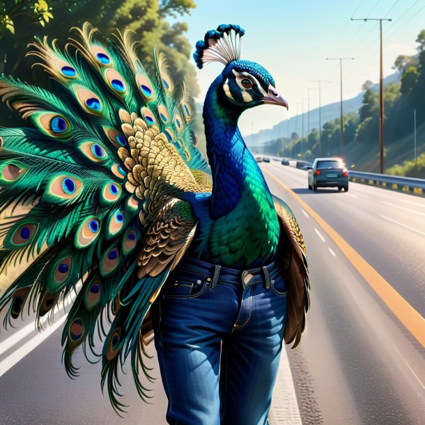 Drawing of a peacock in a jeans on the highway