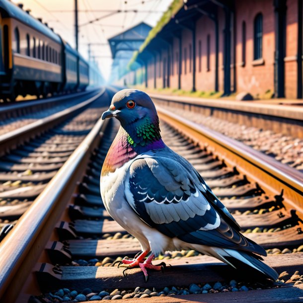 Photo of a resting of a pigeon on the railway tracks