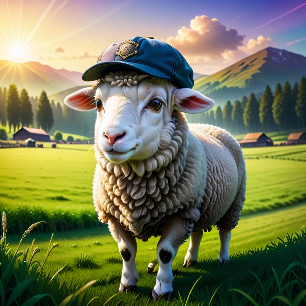 Illustration of a sheep in a cap on the field