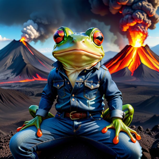 Picture of a frog in a jeans in the volcano