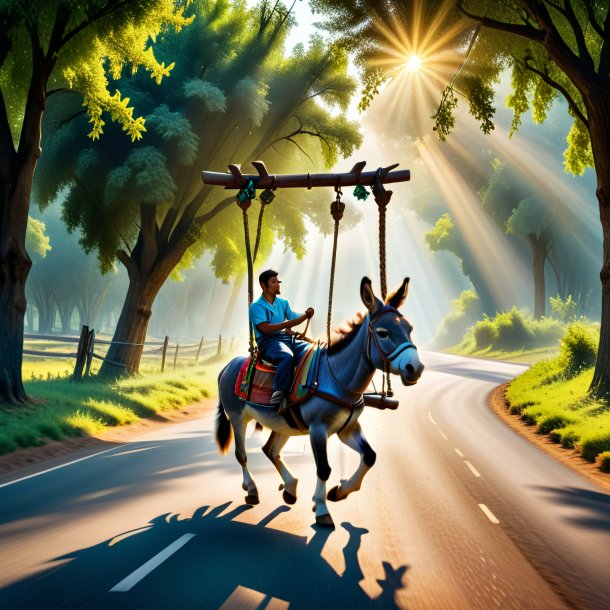 Pic of a swinging on a swing of a donkey on the road