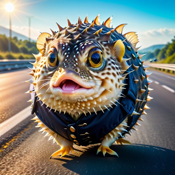 Picture of a pufferfish in a vest on the highway