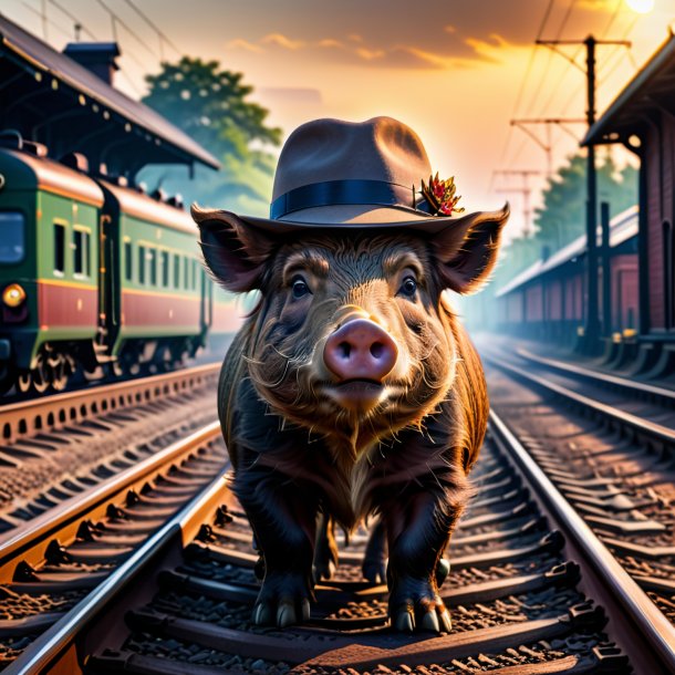 Pic of a boar in a hat on the railway tracks