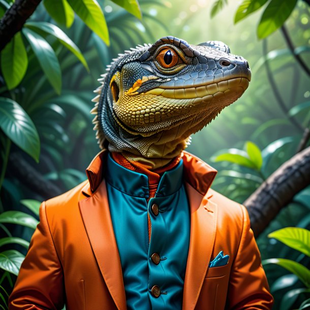 Photo of a monitor lizard in a orange jacket