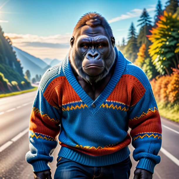 Photo of a gorilla in a sweater on the road