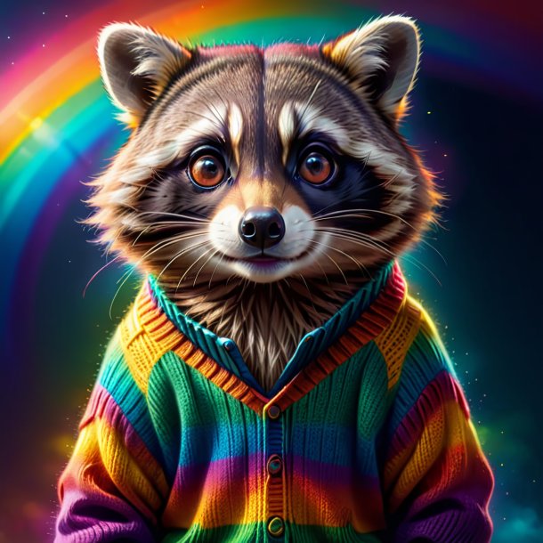 Drawing of a raccoon in a sweater on the rainbow