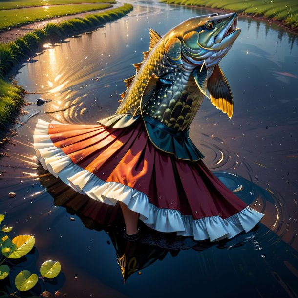 Illustration of a pike in a skirt in the puddle