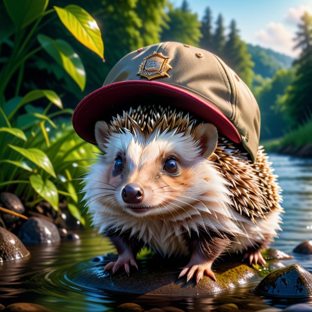 Picture of a hedgehog in a cap in the river