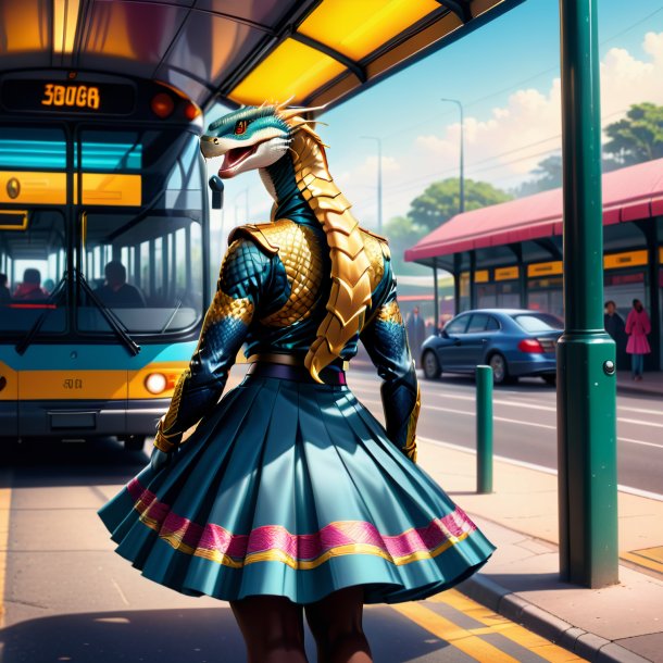 Illustration of a cobra in a skirt on the bus stop