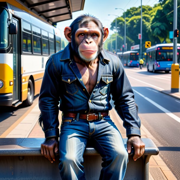 Foto de um chimpanzé em um jeans no ponto de ônibus