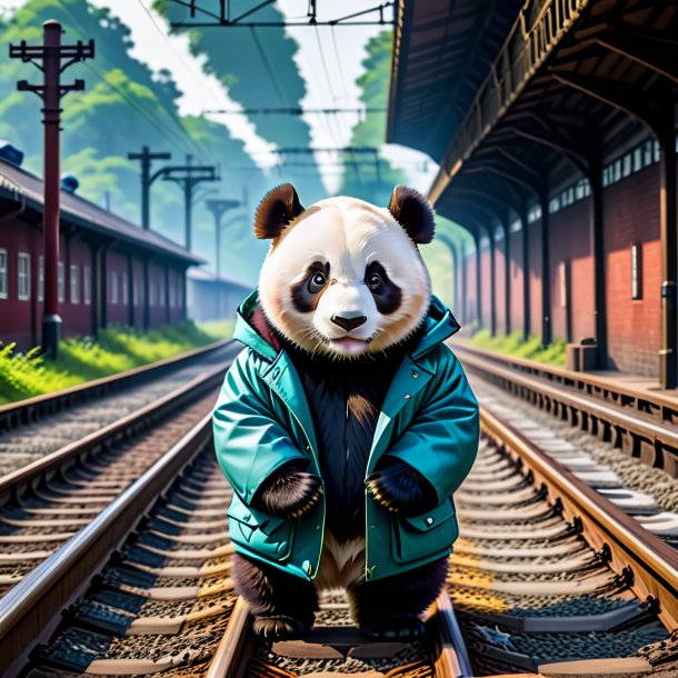 Image of a giant panda in a coat on the railway tracks