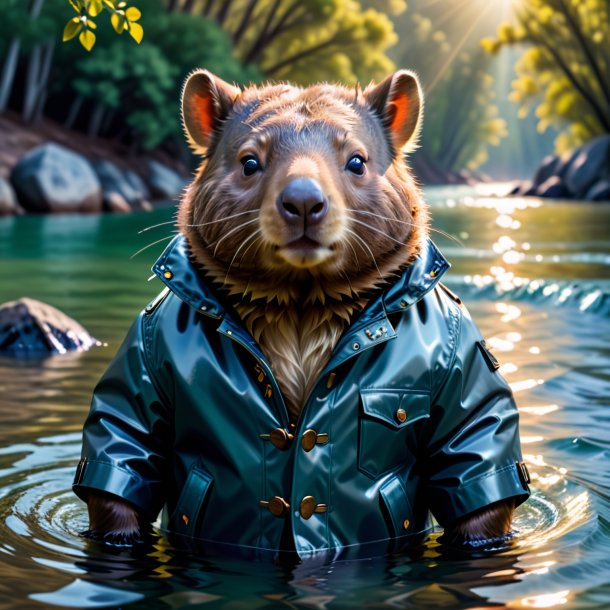 Foto de un wombat en una chaqueta en el agua