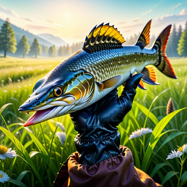 Image of a pike in a gloves in the meadow