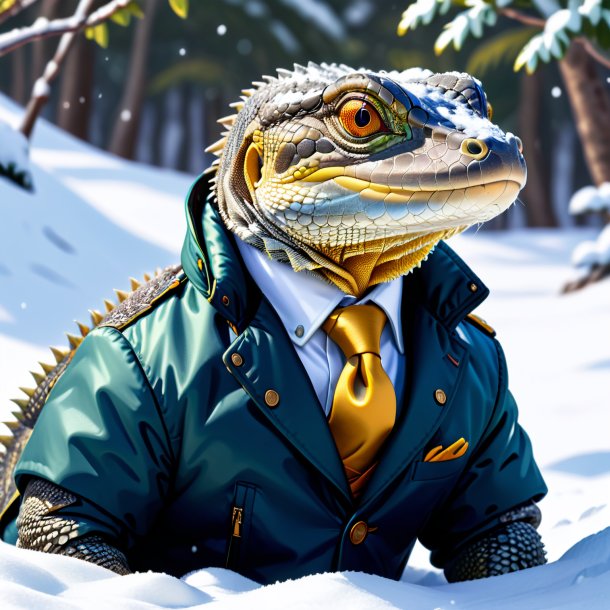 Ilustración de un lagarto monitor en una chaqueta en la nieve