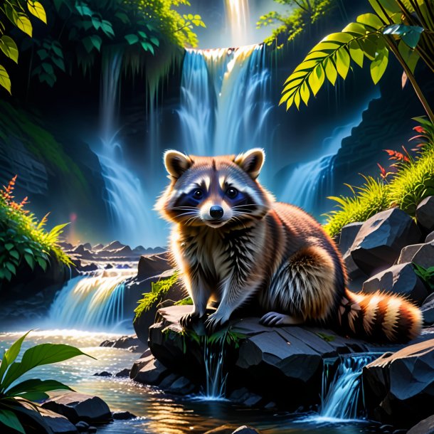 Photo of a resting of a raccoon in the waterfall